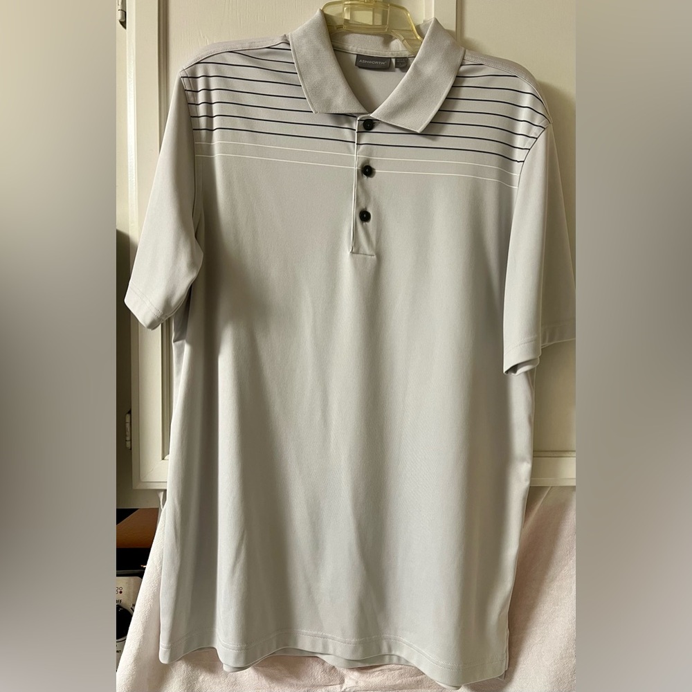 Ashworth Light Gray Polo Shirt with Black Stripes